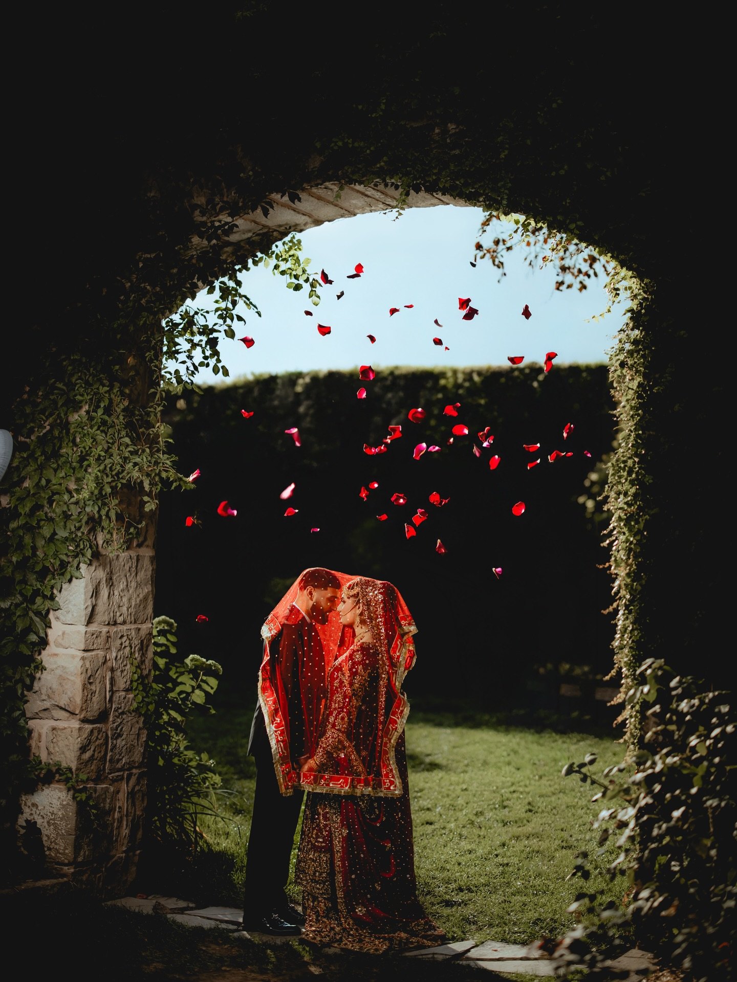 Rose petals fall through a stone garden arch over a couple wrapped in a red dupatta